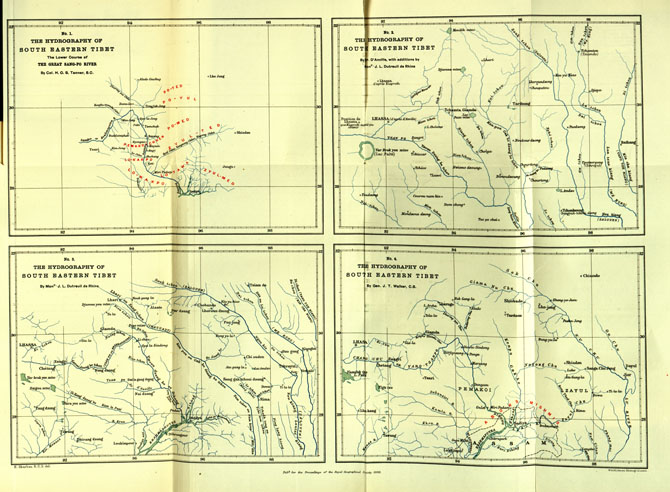 (N:16719) THE HYDROGRAPHY OF SOUTH EASTERN TIBET Fogli 1,2,3,4 (B0013867) Carte e stampe antiche: riproduzione a colori su carta (formato A1)