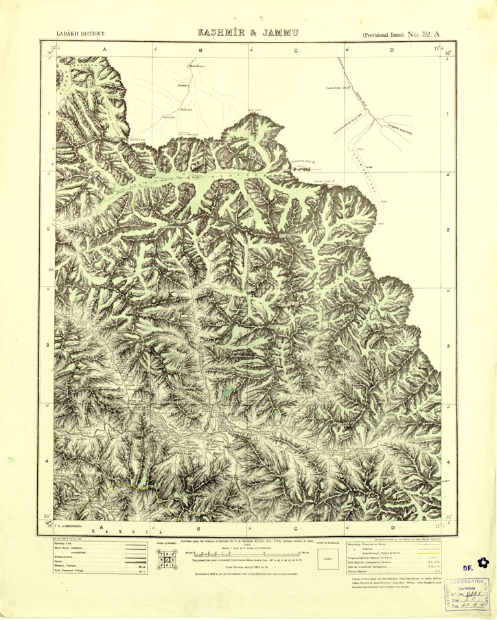 (N:16798) INDIA BRITANNICA - MAP OF INDIA - ANNI 1907-37-45 - KASHMIR & JAMMU LADAKH DISTRICT - Foglio n. 52A (B0013939) Carte e stampe antiche: riproduzione a colori su carta (formato A1)
