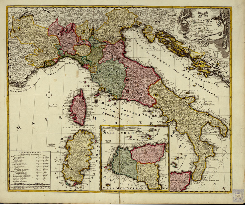 (N:1020) ITALAI IAM TOTA PRINCIPES IN SUAS PARTES ACCURATIUS DIFTINCTA, EX OFFICINA PETRI SCHEN...(s.d.) (B0014011) Carte e stampe antiche: riproduzione a colori su carta (formato A1)