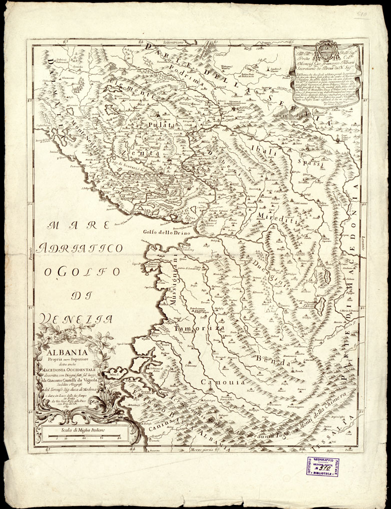 (N:16833) ALBANIA PROPRIO OVVERO SUPERIORE DETTA ANCHE MACEDONIA OCCIDENTALE DESCRITTA DA GIACOMO CANTELLI DA VIGNOLA (CALCOGRAFIA CAMERALE) (B0014012) Carte e stampe antiche: riproduzione a colori su carta (formato A1)