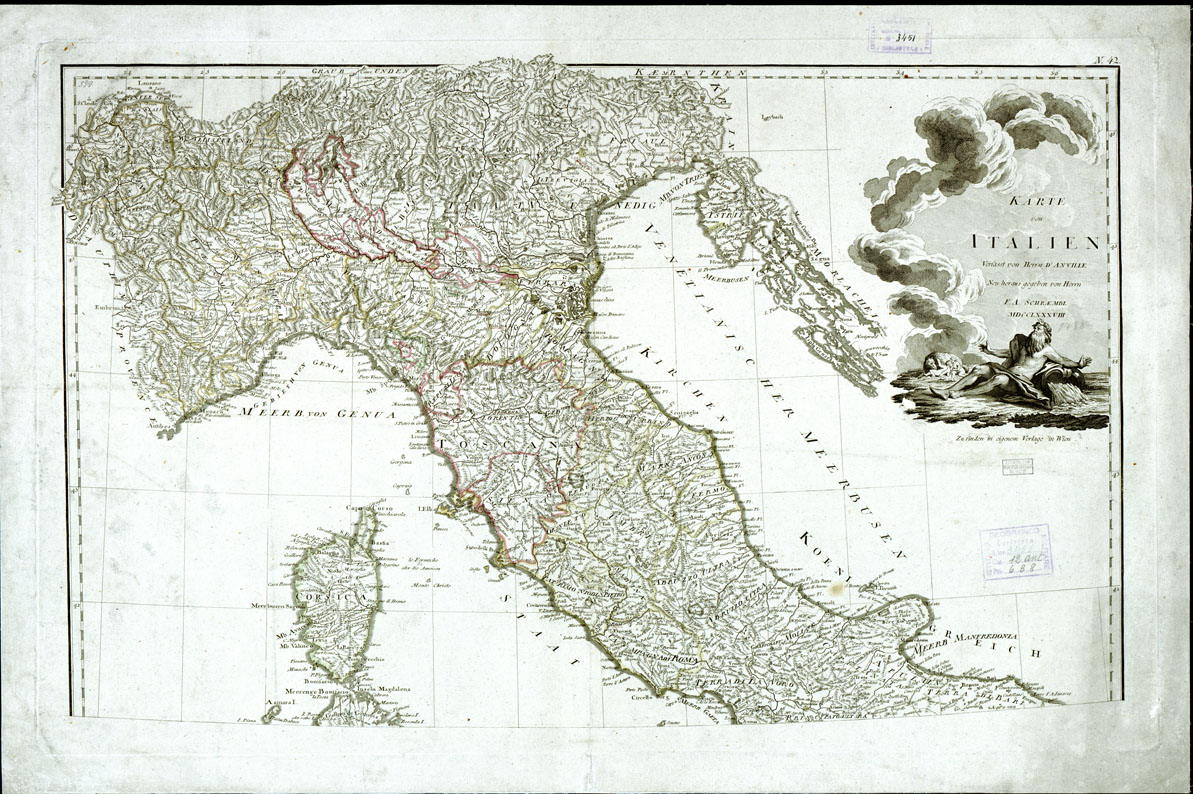 (N:1016) KARTE VON ITALIEN VERFASST VON HERRN D'ANVILLE NEU HERANS GEGEBEN VON HERRN F. A. SCHRCEMBEL 1788 (CARTA D'ITALIA COMPILATA DAL SIG. D'ANVILLE, NUOVAMENTE EDITA DAL SIG. F.A. SCHRAEMBL, 1788) (Foglio nord). (B0014047) Carte e stampe antiche: riproduzione a colori su carta (formato A1)