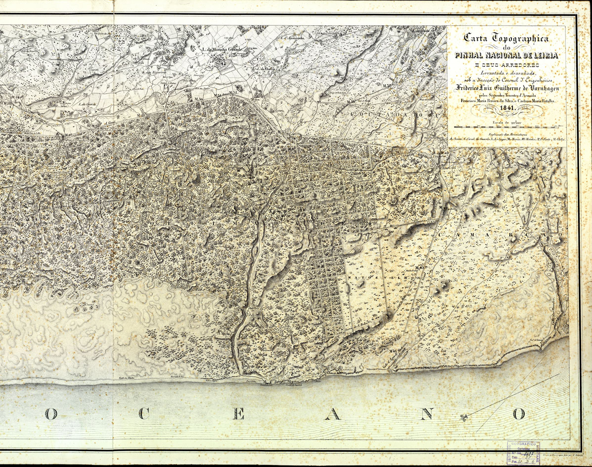 (N:16927) CARTA TOPOGRAFICA DO PINHAL NACIONAL DE LEIRA e sues arredores levantada e desanhada sob a direcao do Coronel d'Engenheiros Friderico Luiz Guilherm de Varnhagen pelos segundos tenentes d'armada Francisco Maria Pereira da Silva e Caetano Maria Batalha. 1 (b0014176, B0014177) Carte e stampe antiche: riproduzione a colori su carta (formato A1)
