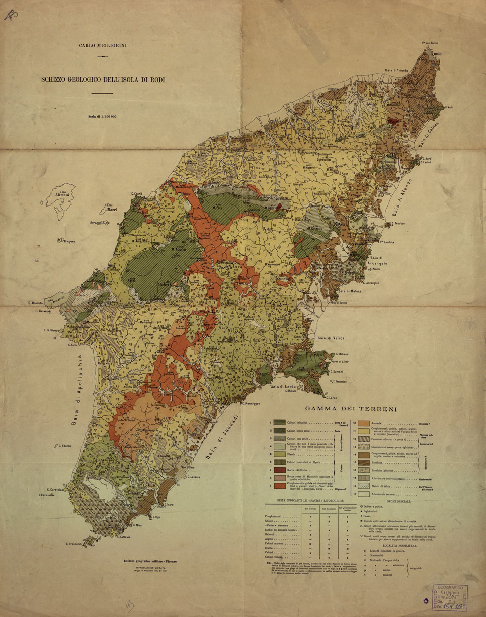 (N:300) SCHIZZO GEOLOGICO DELL'ISOLA DI RODI. (CARLO MIGLIORINI) I.G.M. (B0014232) Carte e stampe antiche: riproduzione a colori su carta (formato A1)