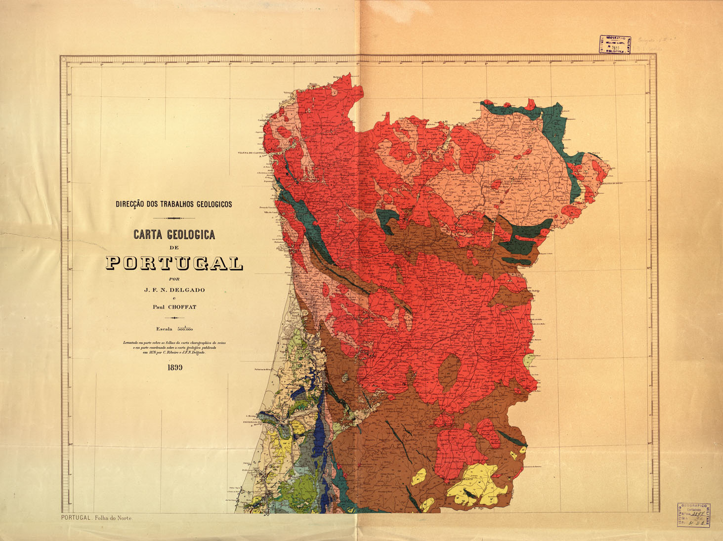 (N:17591) CARTA GEOLOGICA DE PORTUGAL POR J.F.N. DELGADO E PAUL CHOFFAT FOLHA DO NORTE. (B0014426) Carte e stampe antiche: riproduzione a colori su carta (formato A1)