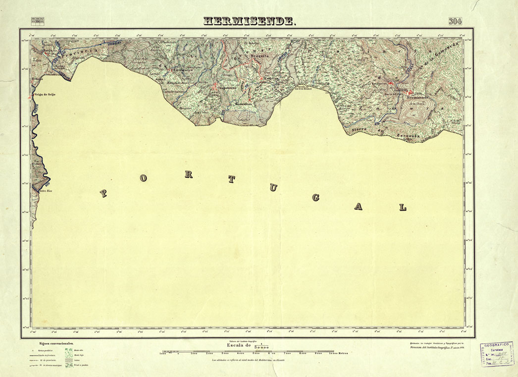 (N:18282) MAPA TOPOGRAFICO DE ESPANA - Hermisende - Foglio 304 (B0014728) Carte e stampe antiche: riproduzione a colori su carta (formato A1)
