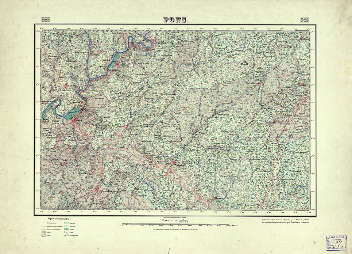 (N:18306) MAPA TOPOGRAFICO DE ESPANA - Pons - Foglio 329 (B0014752) Carte e stampe antiche: riproduzione a colori su carta (formato A1)