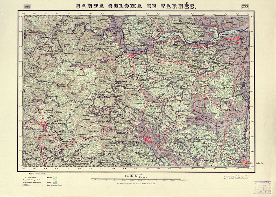 (N:18311) MAPA TOPOGRAFICO DE ESPANA - Santa Coloma de Farnes - Foglio 333 (B0014757) Carte e stampe antiche: riproduzione a colori su carta (formato A1)