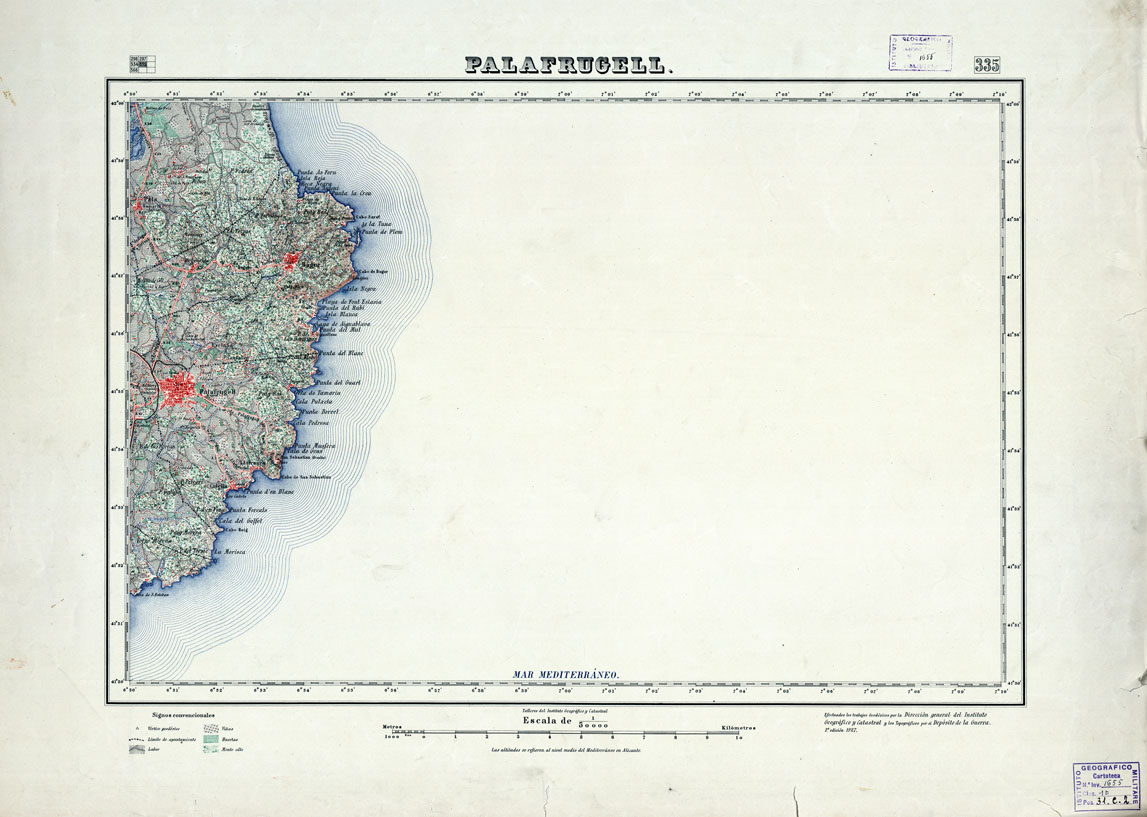 (N:18313) MAPA TOPOGRAFICO DE ESPANA - Palafrugell - Foglio 335 (B0014759) Carte e stampe antiche: riproduzione a colori su carta (formato A1)