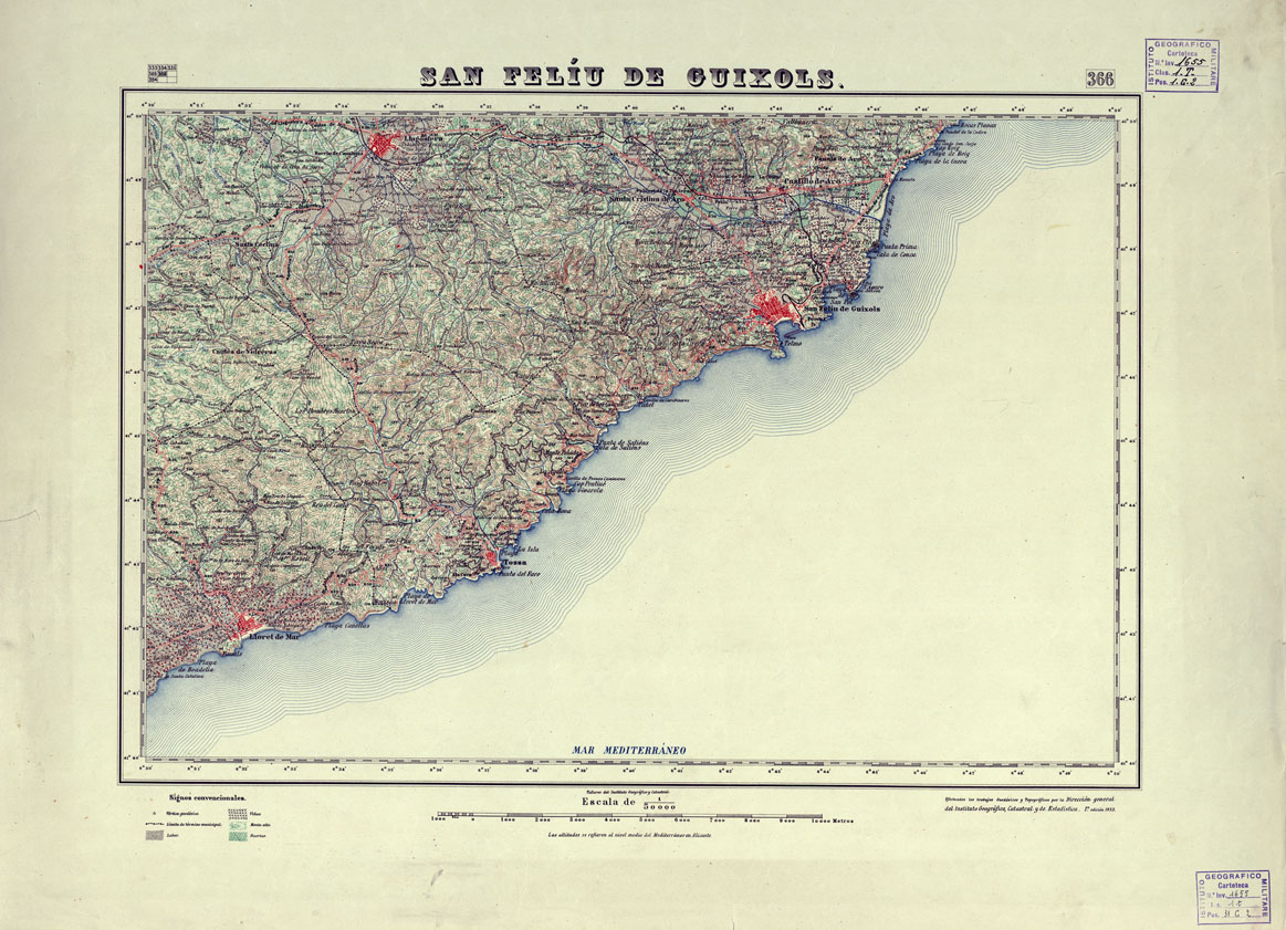(N:18340) MAPA TOPOGRAFICO DE ESPANA - San Feliu de Guixols - Foglio 366 (B0014786) Carte e stampe antiche: riproduzione a colori su carta (formato A1)