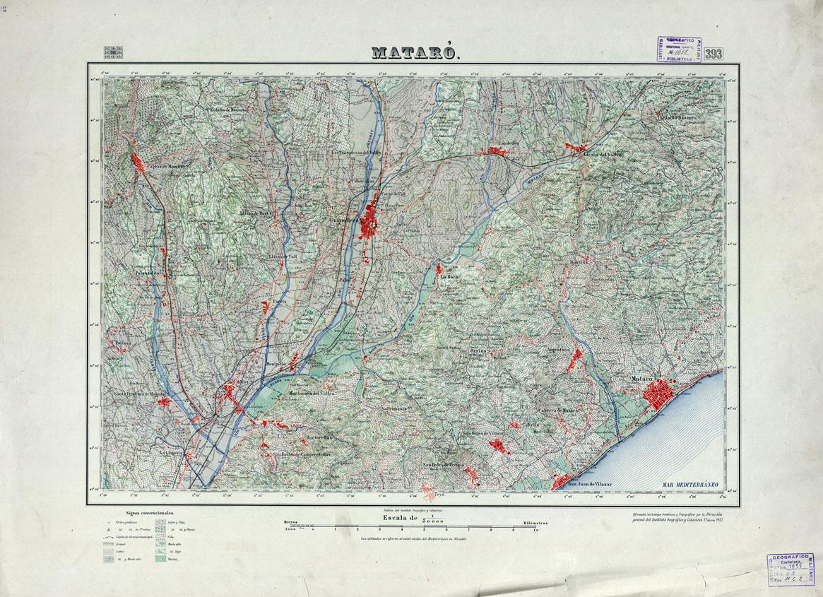 (N:18364) MAPA TOPOGRAFICO DE ESPANA - Mataro' - Foglio 393 (B0014811) Carte e stampe antiche: riproduzione a colori su carta (formato A1)
