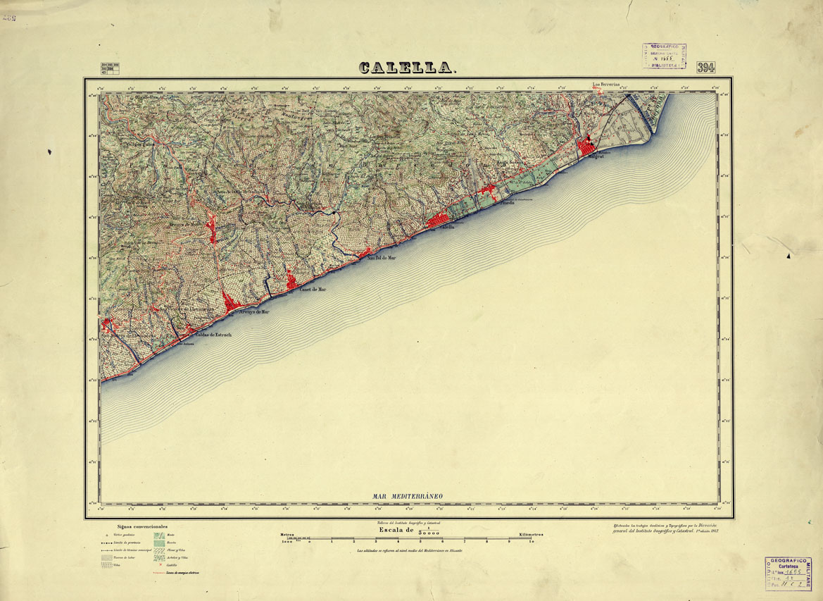 (N:18365) MAPA TOPOGRAFICO DE ESPANA - Calella - Foglio 394 (B0014812) Carte e stampe antiche: riproduzione a colori su carta (formato A1)