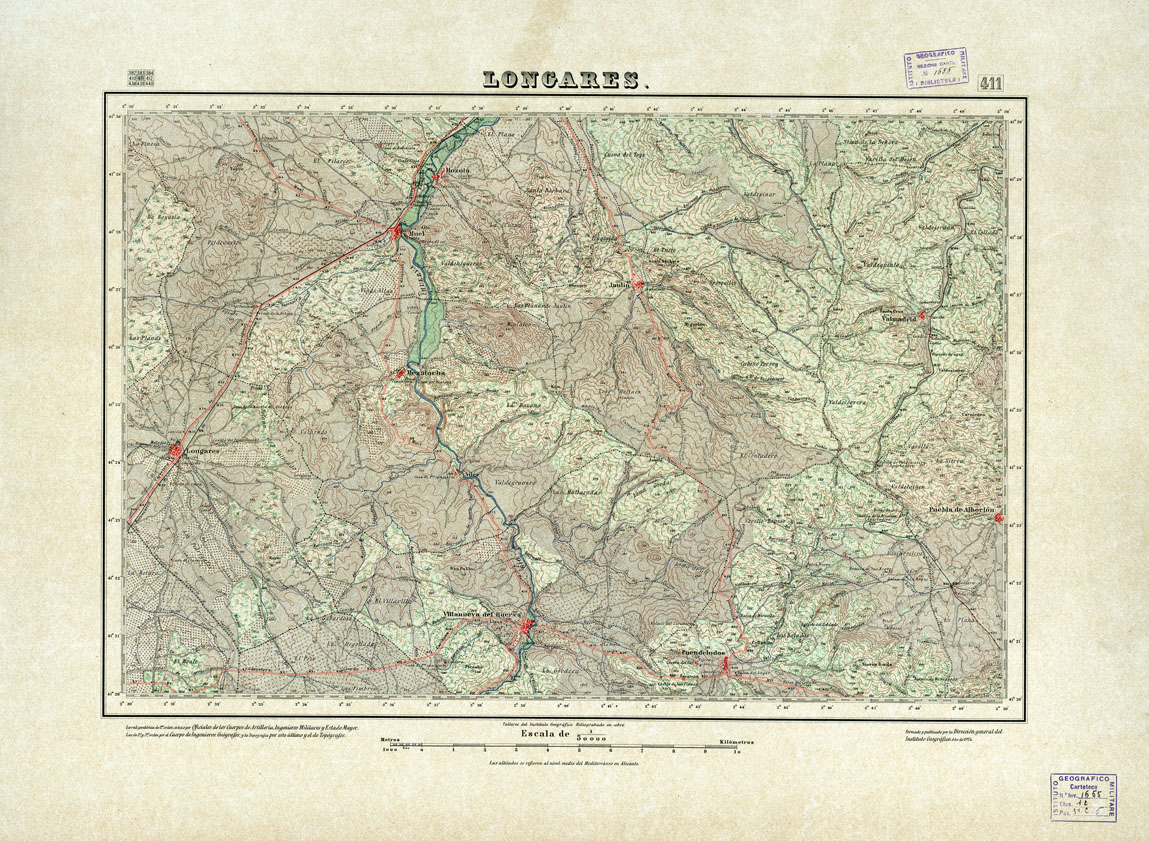 (N:18379) MAPA TOPOGRAFICO DE ESPANA - Longares - Foglio 411 (B0014826) Carte e stampe antiche: riproduzione a colori su carta (formato A1)