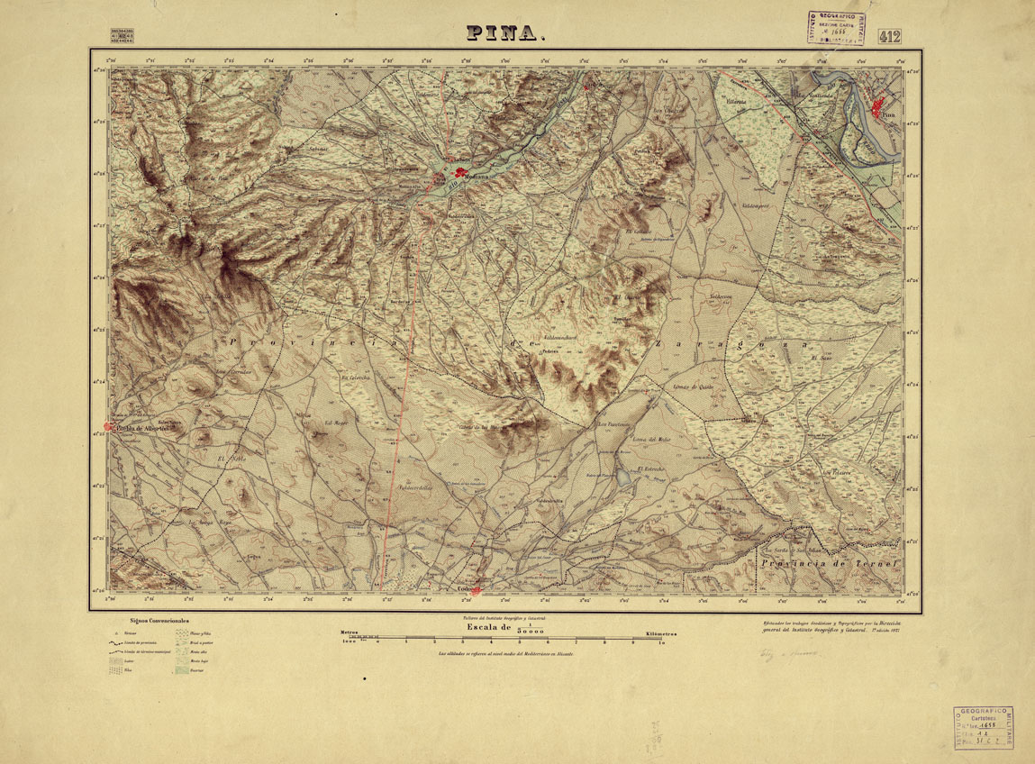 (N:18380) MAPA TOPOGRAFICO DE ESPANA - Pina - Foglio 412 (B0014827) Carte e stampe antiche: riproduzione a colori su carta (formato A1)
