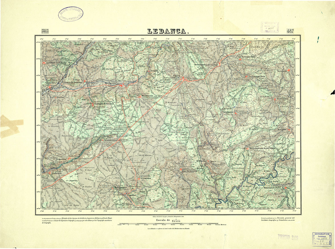 (N:18439) MAPA TOPOGRAFICO DE ESPANA - Ledanca - Foglio 487 (B0014886) Carte e stampe antiche: riproduzione a colori su carta (formato A1)