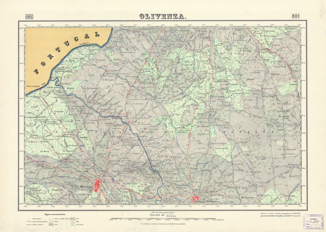 (N:18624) MAPA TOPOGRAFICO DE ESPANA - Olivenza - Foglio 801 (B0015073) Carte e stampe antiche: riproduzione a colori su carta (formato A1)