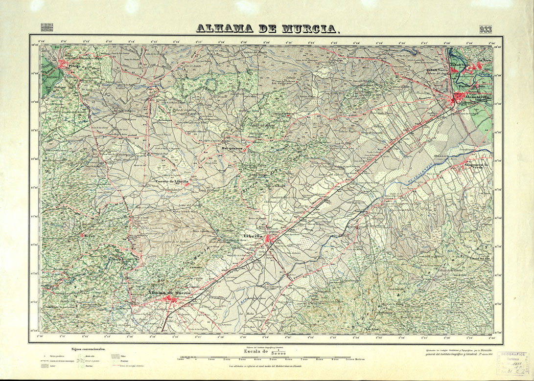 (N:18718) MAPA TOPOGRAFICO DE ESPANA - Alhama de Murcia - Foglio 933 (B0015165) Carte e stampe antiche: riproduzione a colori su carta (formato A1)