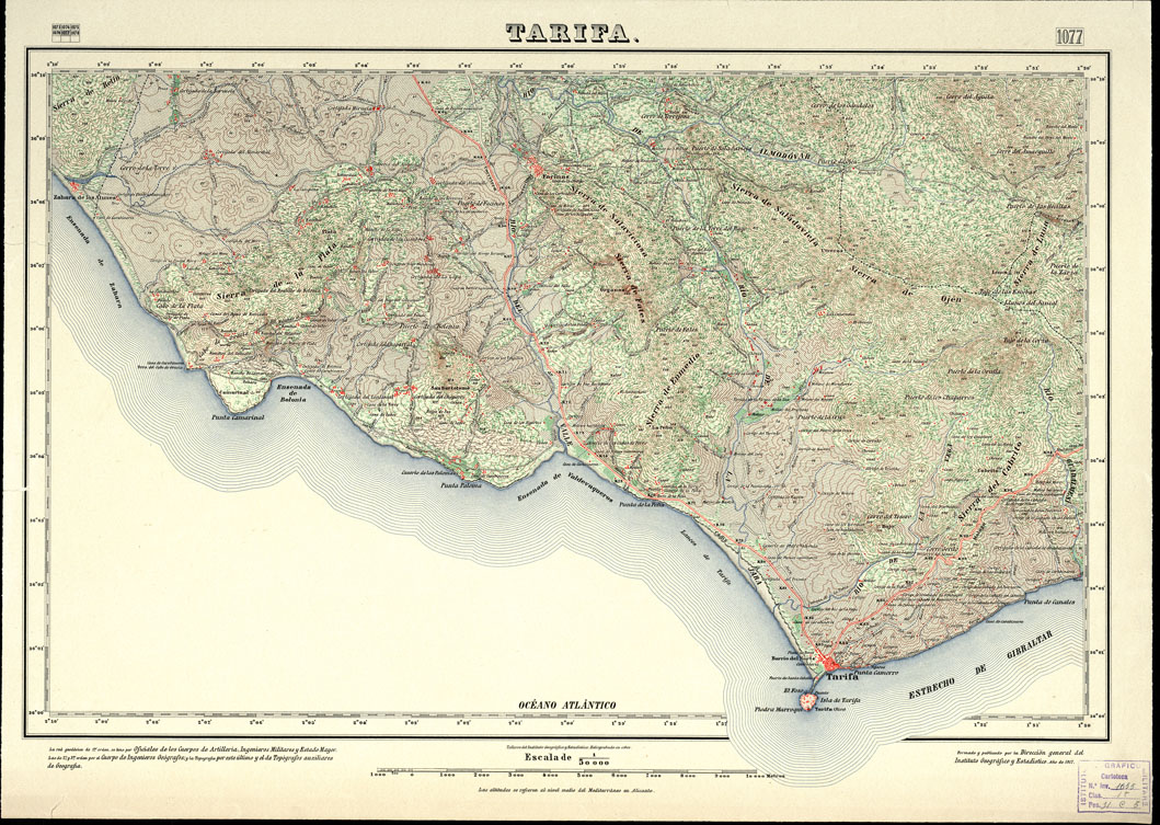 (N:18840) MAPA TOPOGRAFICO DE ESPANA - Tarifa - Foglio 1077 (B0015285) Carte e stampe antiche: riproduzione a colori su carta (formato A1)