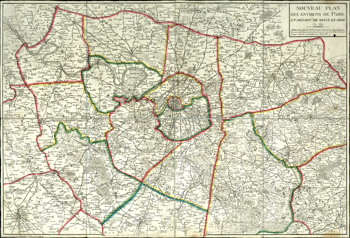 (N:20513) NOUVEAU PLAN DE ENVIRONS DE PARIS ET DEPART (B0016971) Carte e stampe antiche: riproduzione a colori su carta (formato A1)