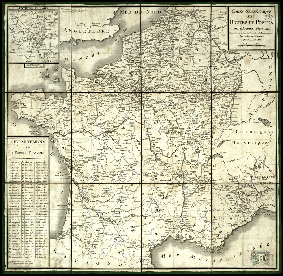 (N:20514) CARTE GEOMETRIQUE DES ROUTES DE POSTES DE L'EMPIRE FRANCAIS (B0016972) Carte e stampe antiche: riproduzione a colori su carta (formato A1)