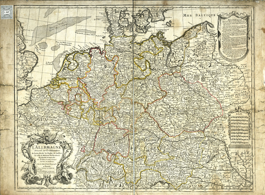 (N:20527) L'ALLEMAGNE-DRESSEE SUR LES OBSERVATIONS DE TYCHO-BRAHE DE KEPLER DE SNELLIUS-SUR CELLES DE MESSIEURS DE L'ACADEMIE ROYALE DES SCIENCES (B0016985) Carte e stampe antiche: riproduzione a colori su carta (formato A1)