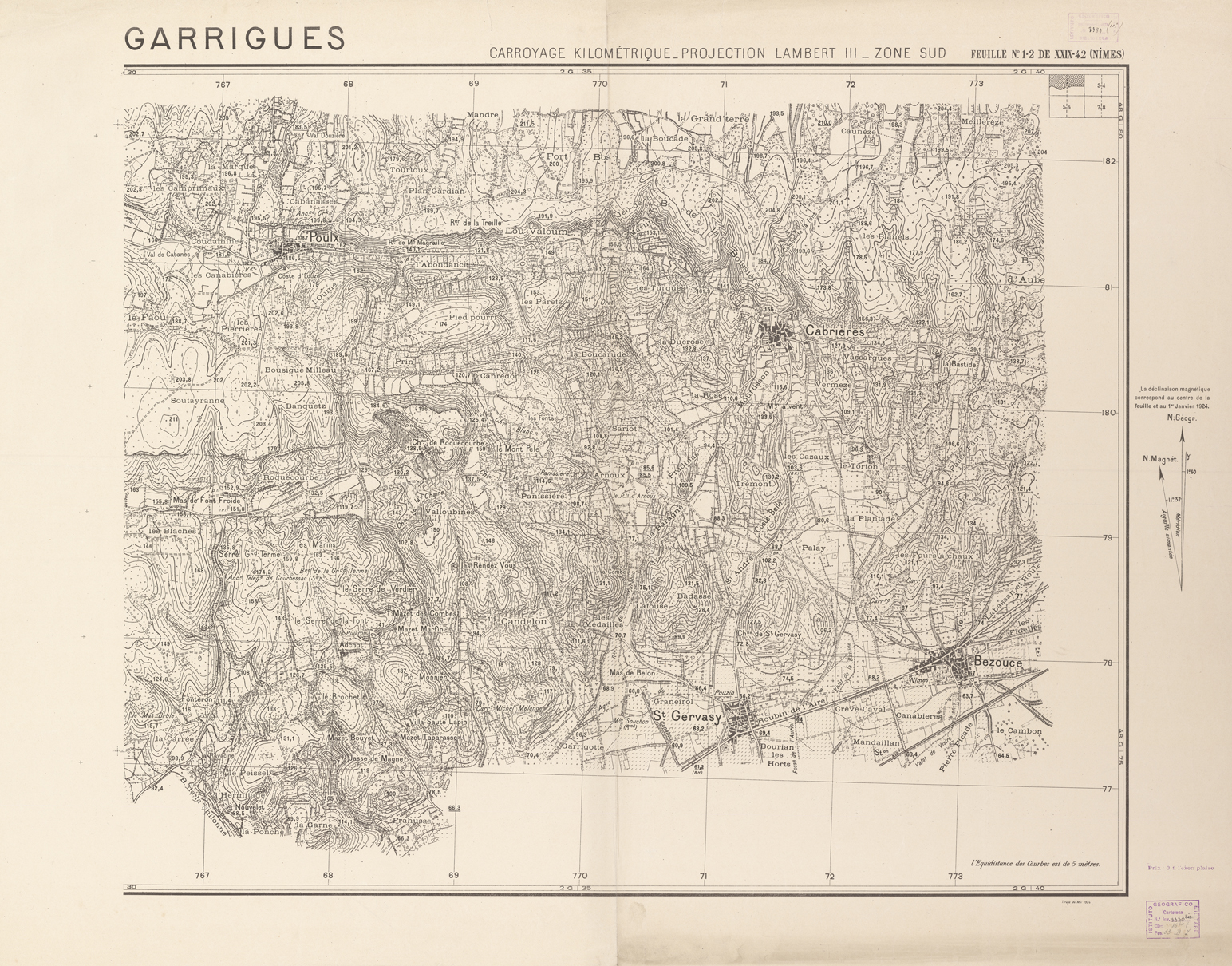 (N:21007) CARTE DE CHAMP DES GARRIGUES- FEUILLE N1-2 DE XXIX 42 (NIMES) (B0017487) Carte e stampe antiche: riproduzione a colori su carta (formato A1)