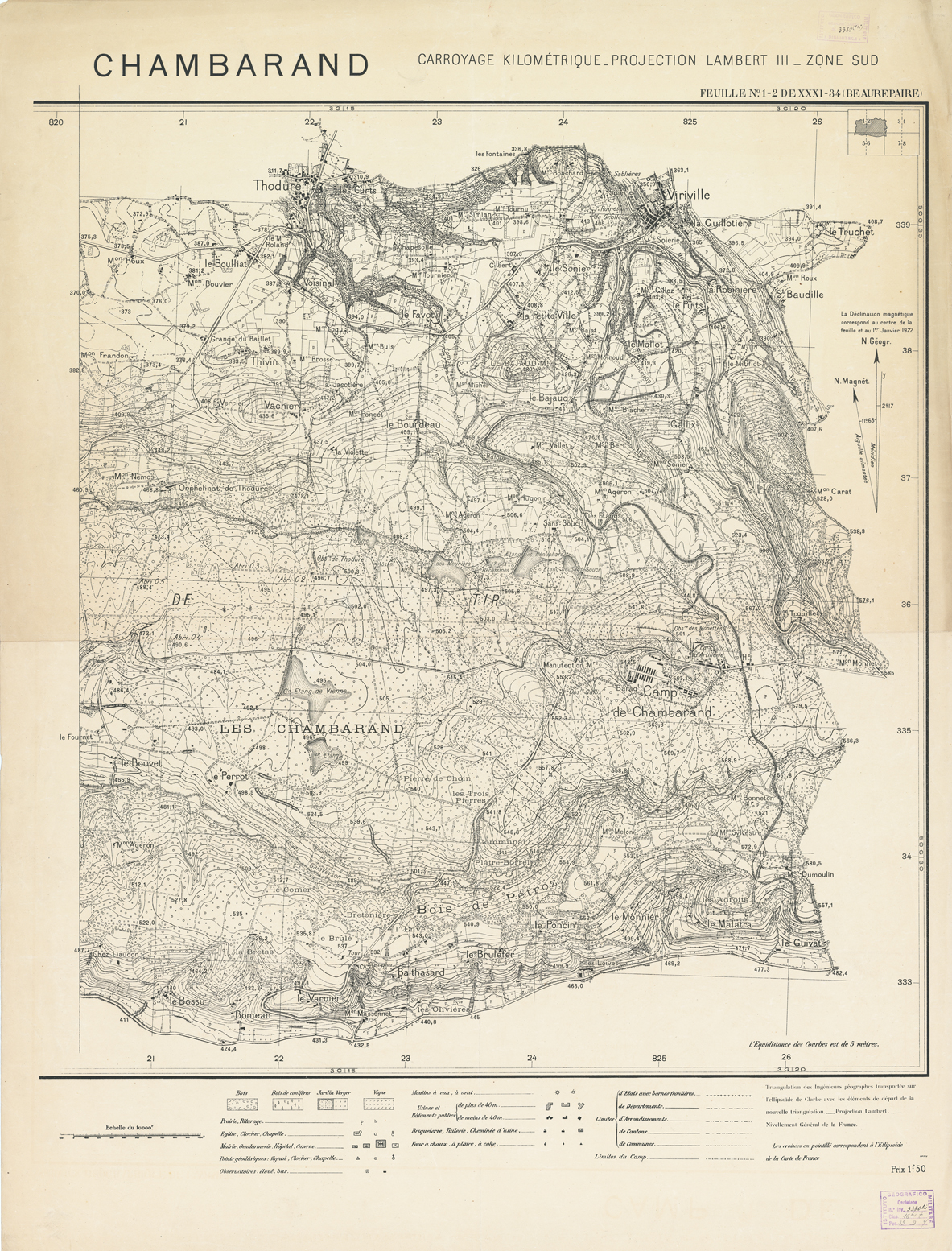 (N:21386) CARTE DE CHAMP DE CHAMBARAND - FEUILLE N1-2 DE XXXI 34 (BEAUREPAIRE) (B0017868) Carte e stampe antiche: riproduzione a colori su carta (formato A1)
