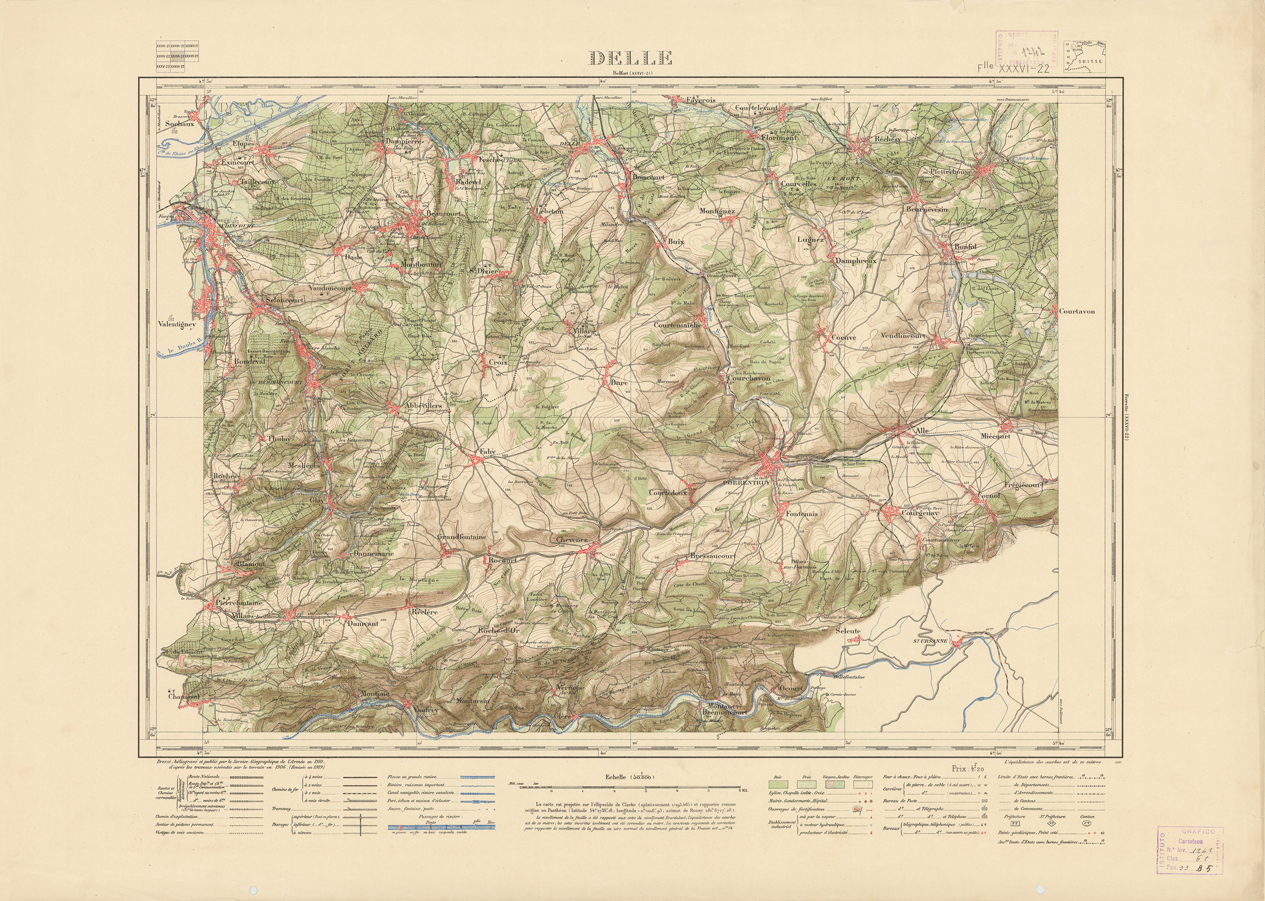 (N:21685) NOUVELLE CARTE DE FRANCE -  XXXVI 22 -DELLE (B0018271) Carte e stampe antiche: riproduzione a colori su carta (formato A1)