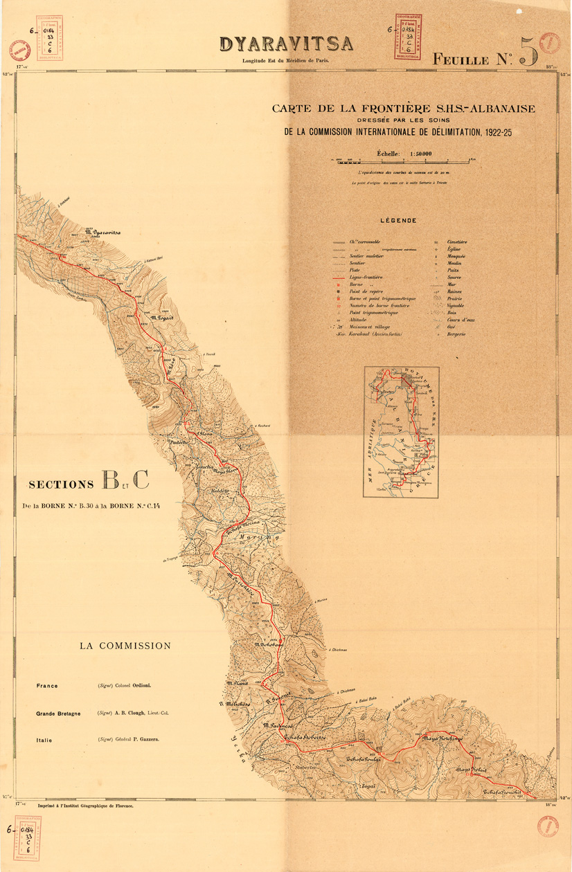 (N:35429) CARTE DE LA FRONTIERE S.H.S.-ALBANAISE DRESSEE PAR LES SOINS DE LA COMMISSION INTERNATIONALE DE DELIMITATION (B0019763, B0019765, B0019766, B0019764) Carte e stampe antiche: riproduzione a colori su carta (formato A1)