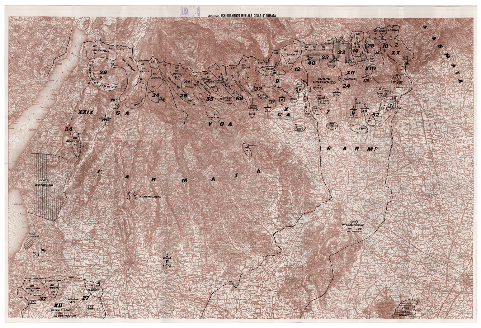 (N:29110) L'ESERCITO ITALIANO NELLA GRANDE GUERRA (1915-1918) - Carta n. 32: SCHIERAMENTO INIZIALE DELLA 6^ ARMATA
 (B0019917) Carte e stampe antiche: riproduzione a colori su carta (formato A1)