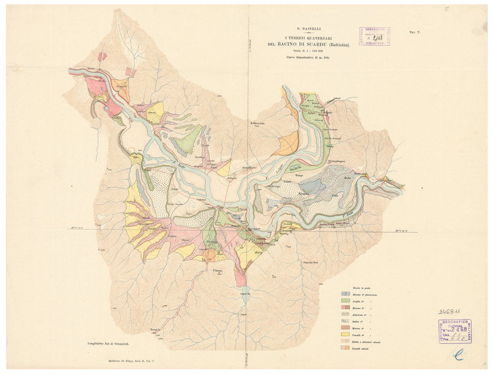 (N:33041) INDIA BRITANNICA - SPEDIZIONE DE FILIPPI NELL'HIMALAIA - I TERRENI QUATERNARI DEL BACINO DI SCARDU (Baltistn) (B0019949) Carte e stampe antiche: riproduzione a colori su carta (formato A1)