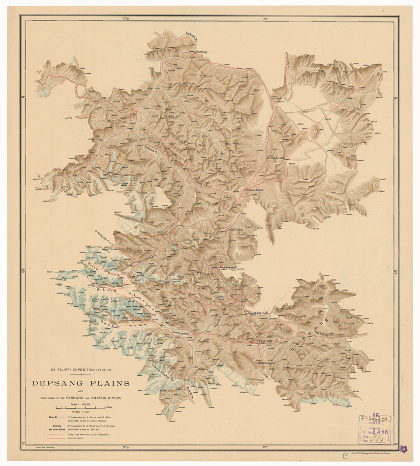 (N:33044) INDIA BRITANNICA - SPEDIZIONE DE FILIPPI NELL'HIMALAIA - ALTIPIANO DEPSANG E BACINI DELL'IARCAND E DELLO SCIAIOK - Foglio 2 (B0019952) Carte e stampe antiche: riproduzione a colori su carta (formato A1)
