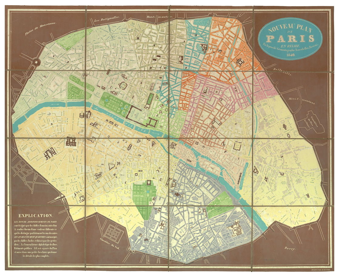 (N:34179) NOUVEAU PLAN DE PARIS EN RELIEF ETC... (B0020144) Carte e stampe antiche: riproduzione a colori su carta (formato A1)