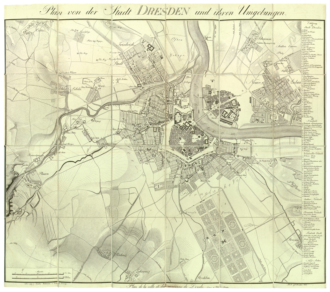 (N:34213) PLAN VON DER STADT DRESDEN UND IHREN UMGEBUNGEN (B0020176) Carte e stampe antiche: riproduzione a colori su carta (formato A1)