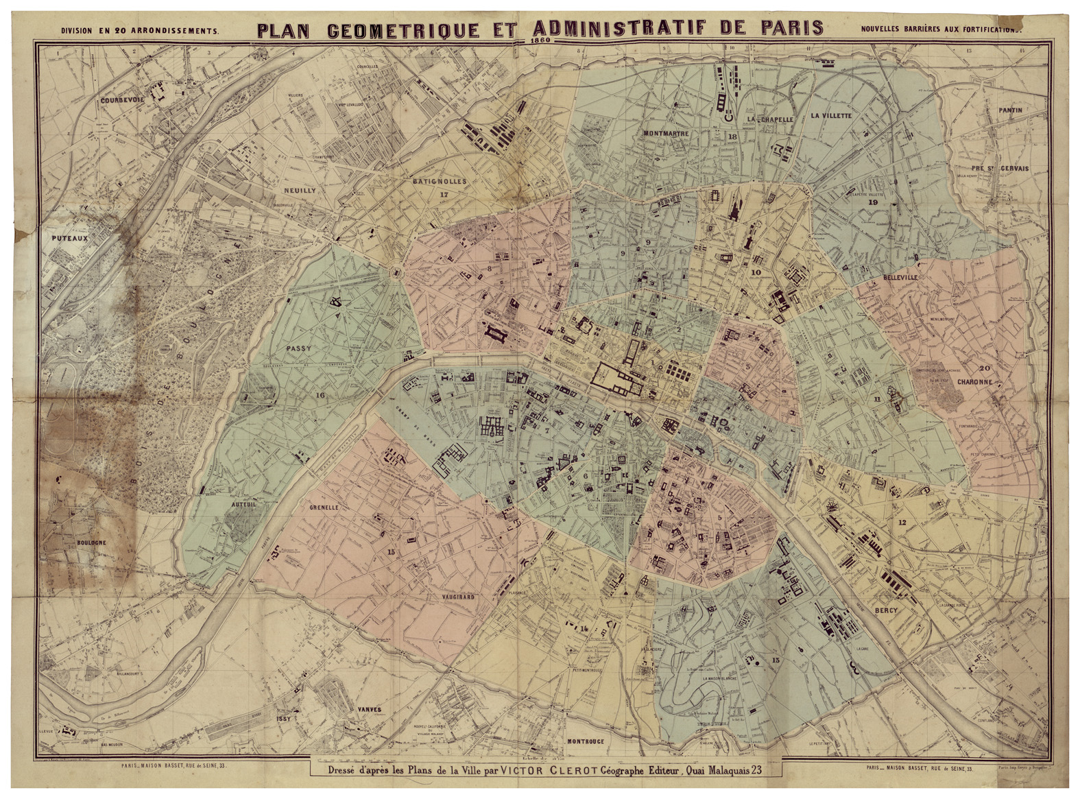 (N:34429) PLAN GEOMETRIQUE ET ADMINISTRATIVE DE PARIS (B0020322) Carte e stampe antiche: riproduzione a colori su carta (formato A1)