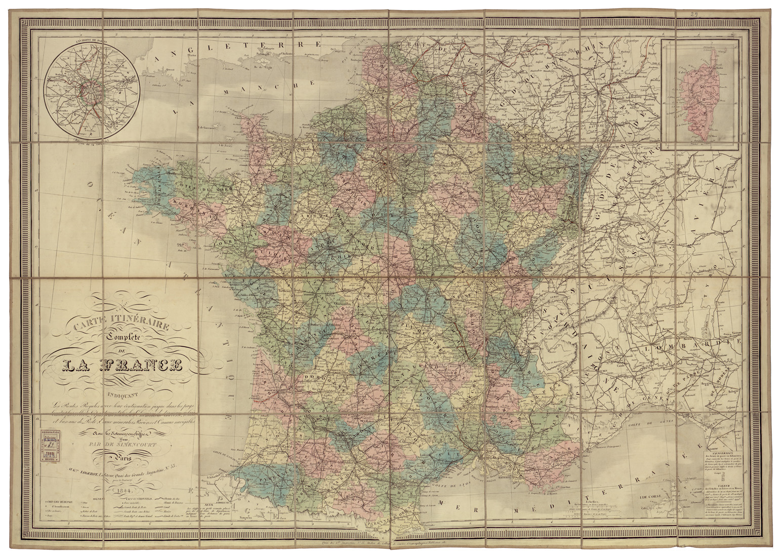 (N:34553) CARTE ITINERAIRE COMPLETE DE LA FRANCE
 (B0020383) Carte e stampe antiche: riproduzione a colori su carta (formato A1)