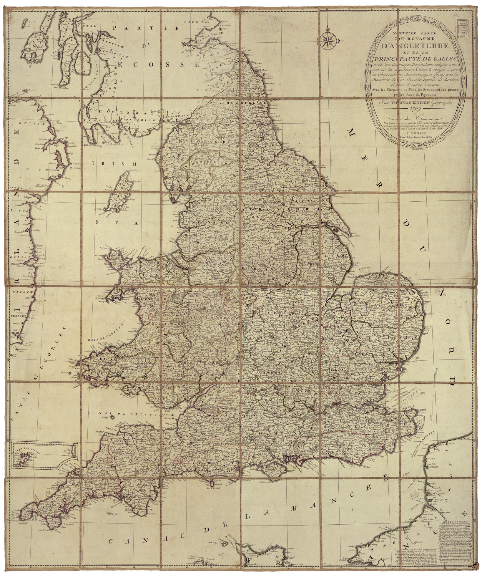 (N:34562) NOUVELLE CARTE DU ROYAUME D'ANGLETERRE ET DE LA PRINCIPAUTE' DE GALLES
 (B0020392) Carte e stampe antiche: riproduzione a colori su carta (formato A1)