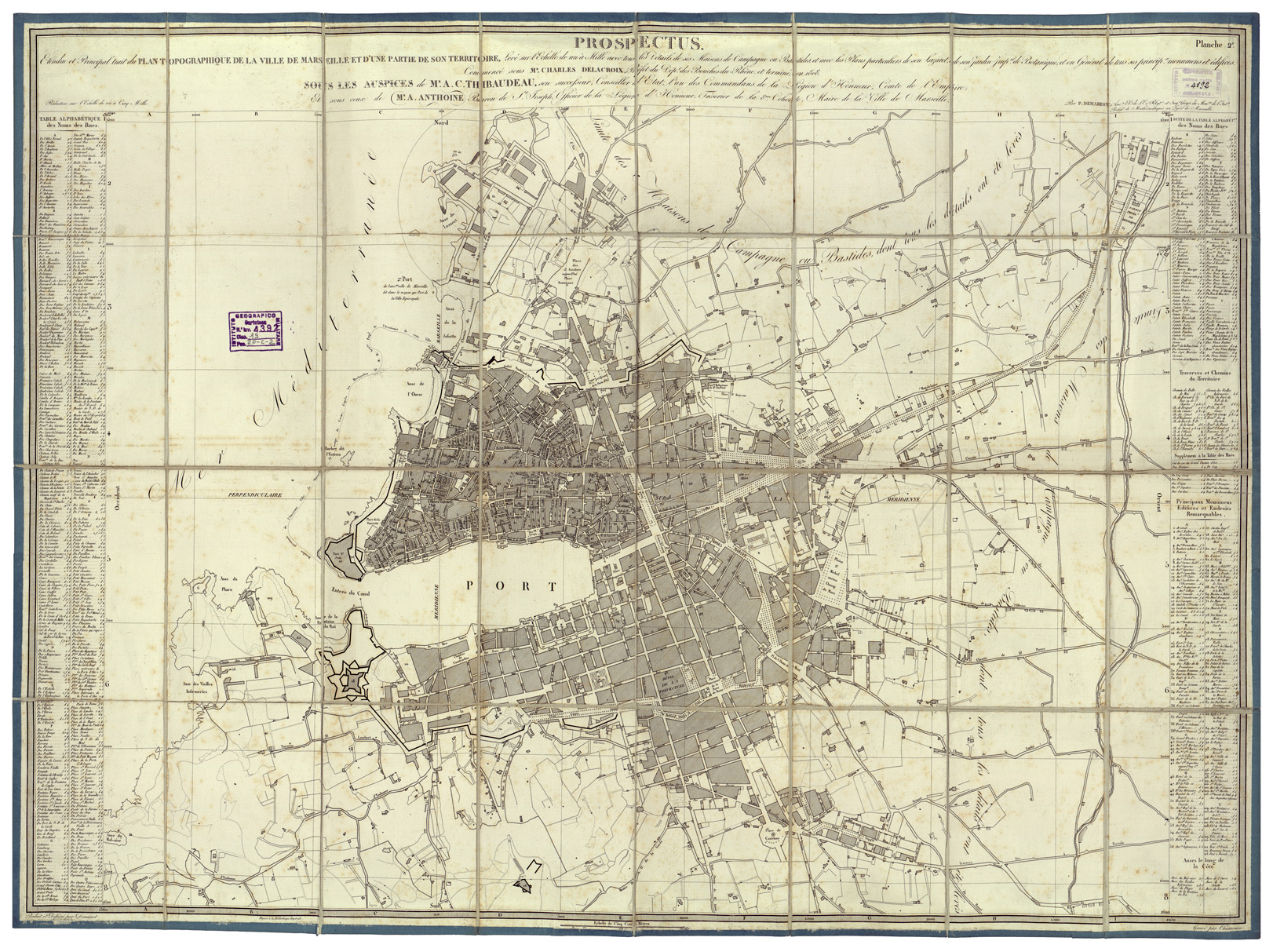 (N:34583) PROSPECTUS DU PLAN TOPOGRAPHIQUE DE LA VILLE DE MARSEILLE (B0020414) Carte e stampe antiche: riproduzione a colori su carta (formato A1)