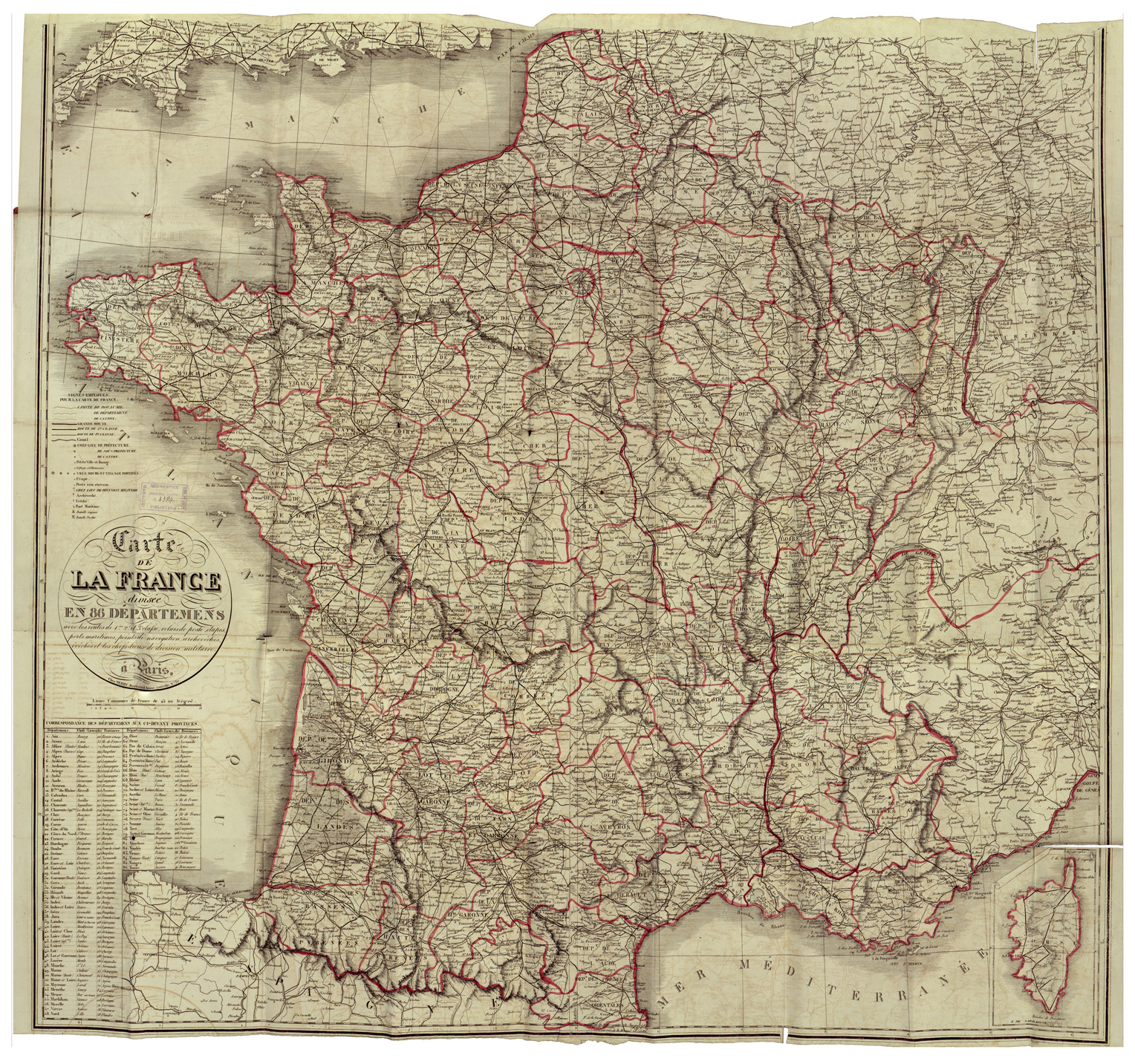 (N:34585) CARTE DE LA FRANCE DIVISEE EN 86 DEPARTEMENT ETC... (B0020416) Carte e stampe antiche: riproduzione a colori su carta (formato A1)