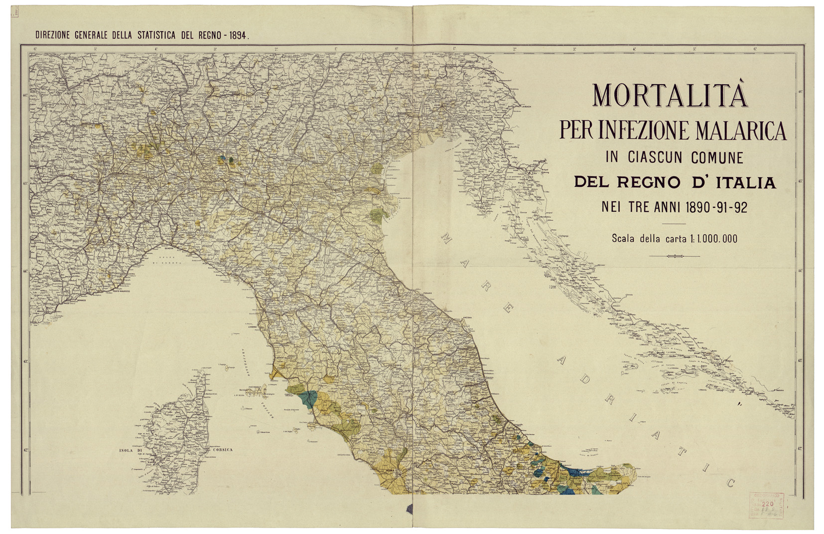 (N:34669) CARTA INDICANTE LA MORTALITA' PER INFEZIONE MALARICA IN CIASCUN COMUNE DEL REGNO D'ITALIA NEGLI ANNI 1890-91-92 - FOGLIO 1 (B0020501) Carte e stampe antiche: riproduzione a colori su carta (formato A1)