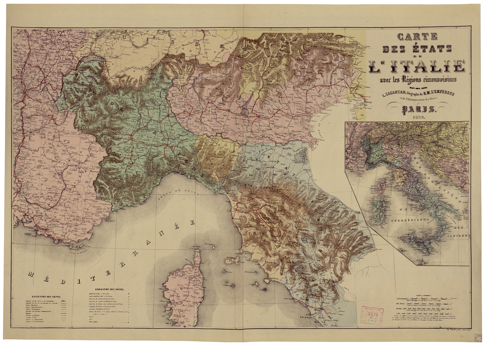 (N:34674) CARTE DES ETATS DE L'ITALIE AVEC LES REGIONS CIRCONVOISINES (B0020506) Carte e stampe antiche: riproduzione a colori su carta (formato A1)