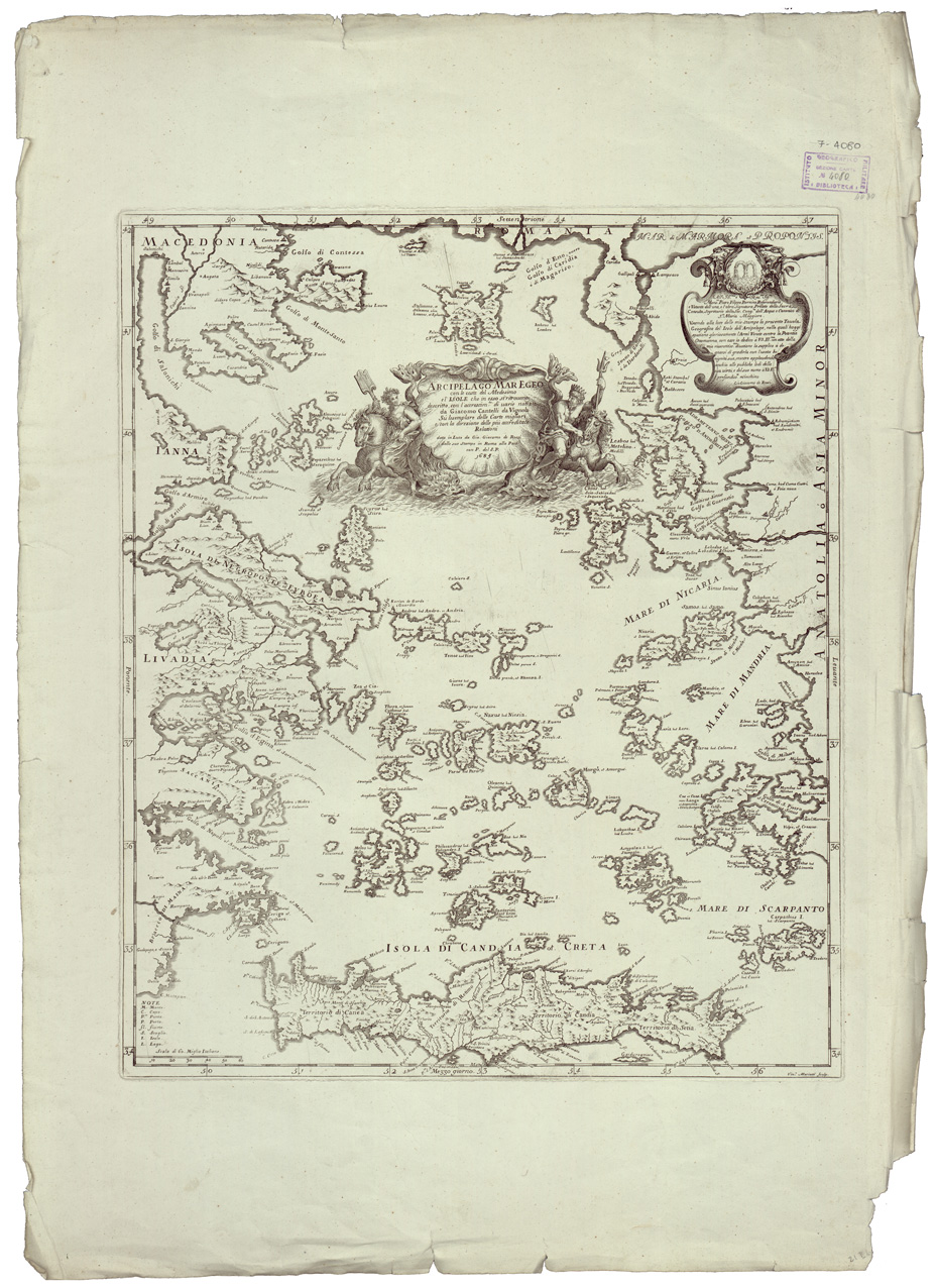 (N:34744) ARCIPELAGO MAR EGEO CON LE COSTE DEL MEDESIMO E LE ISOLE CHE IN ESSO SI RITROVANO DESCRITTO CON L'ACCRESCIMENTO DI VARIE NOTIZIE DA GIACOMO CANTELLI DA VIGNOLA (B0020577) Carte e stampe antiche: riproduzione a colori su carta (formato A1)