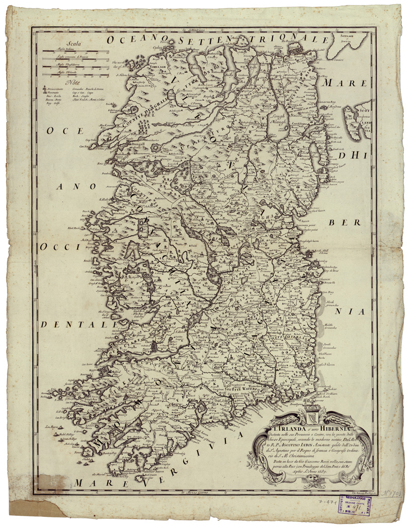 (N:34801) L'IRLANDA O' UERO HIBERNIA DISTINTA NELLE SUE PROVINCE E CONTEE, CON LA GIUNTA DELLE CHIESE EPISCOPALI SECONDO LE MODERNE NOTIZIE ETC... (B0020634) Carte e stampe antiche: riproduzione a colori su carta (formato A1)