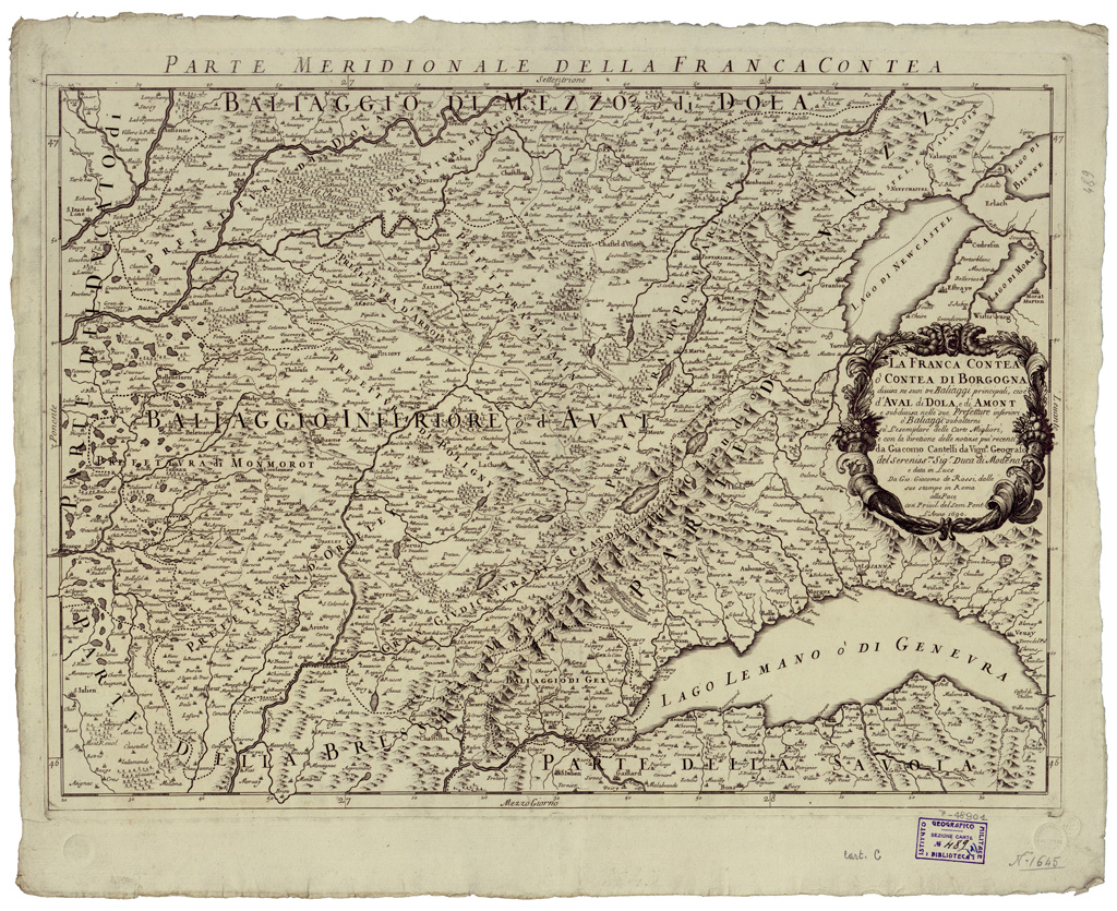 (N:34812) LA FRANCIA CONTEA, DIVISA NEI SUOI TRE BALIAGGI PRINCIPALI, CIOE' D'AVAL DI DOLA E DI AMONT ETC... - FOGLIO 2 (B0020645) Carte e stampe antiche: riproduzione a colori su carta (formato A1)