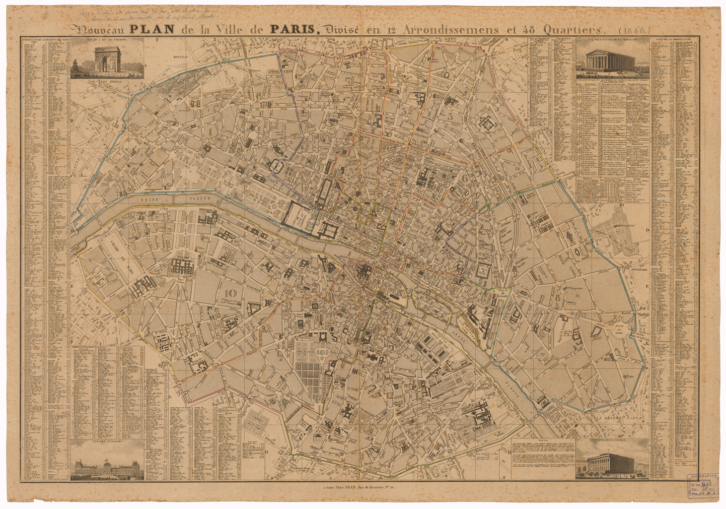 (N:35055) NOUVEAU PLAN DE LA VILLE DE PARIS, DIVISE 12 ARRONDISSEMENS ET 48 QUARTIERS (B0020758) Carte e stampe antiche: riproduzione a colori su carta (formato A1)