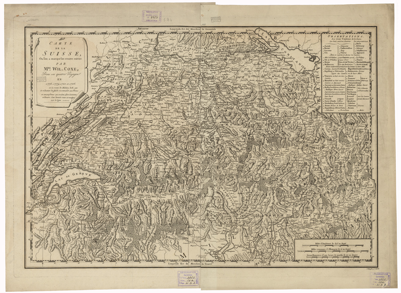 (N:35142) CARTE DE LA SUISSE, OU L'ON MARQUE LES ROUTES SUIVIES ETC... (B0020874) Carte e stampe antiche: riproduzione a colori su carta (formato A1)