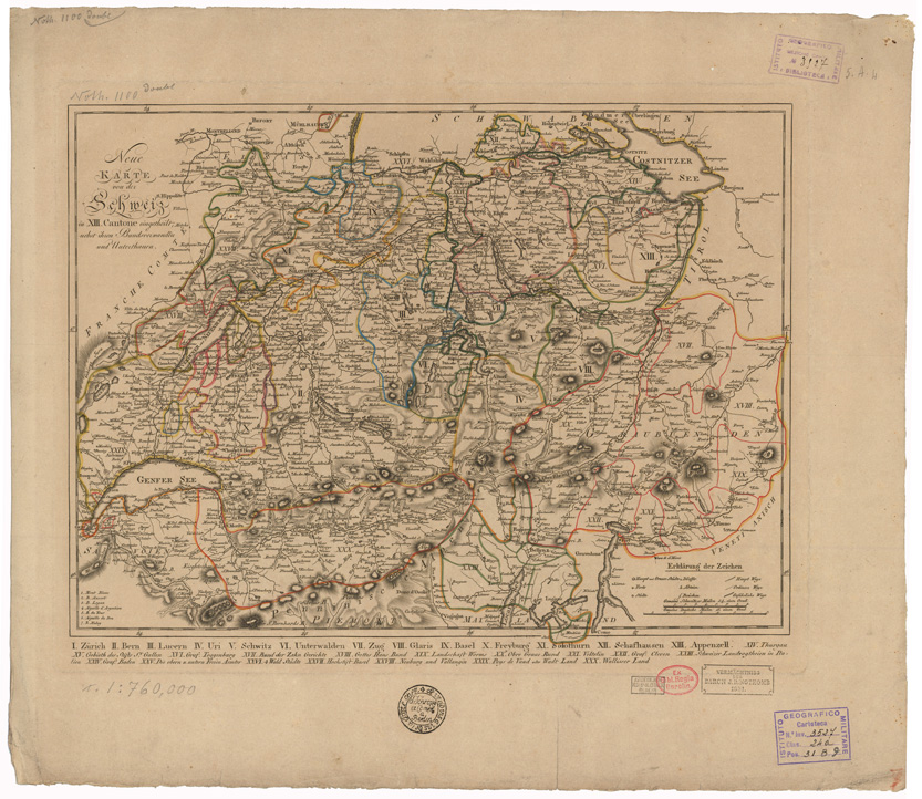 (N:35147) NEUE KARTE VON DER SCHWEIZ IN XIII CANTONE EINGETHEILT ETC... (B0020880) Carte e stampe antiche: riproduzione a colori su carta (formato A1)