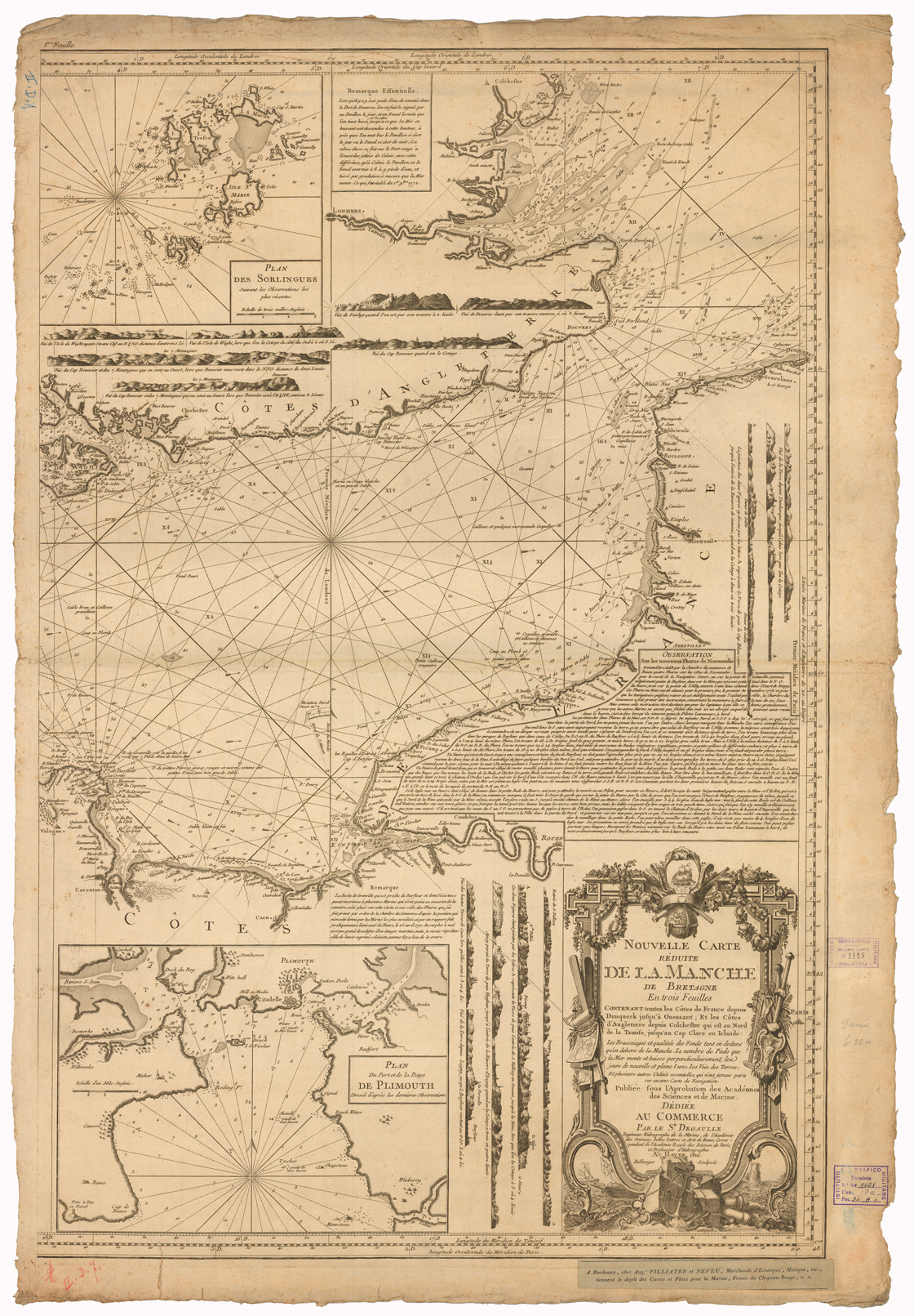 (N:35182) NOUVELLE CARTE REDUITE DE LA MANCHE DE BRETAGNE (CARTA NAUTICA) - FOGLIO 1 (B0020914) Carte e stampe antiche: riproduzione a colori su carta (formato A1)