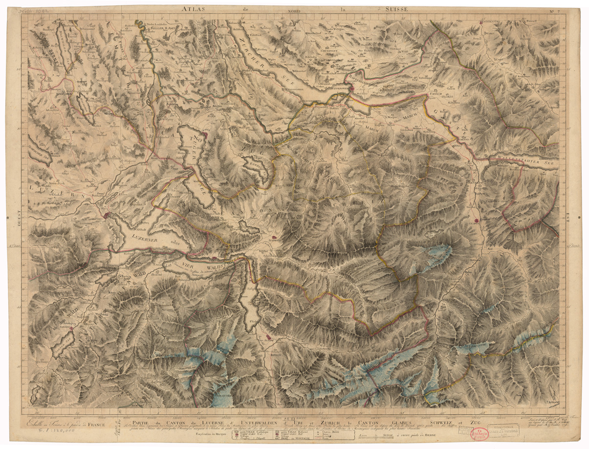 (N:35193) ASSEMBLAGE DE ATLAS SUISSE  - PARTIE DU CANTON DE LUCERNE D'UNTERWALDEN D'URI ET ZURICH LE CANTON GLARUS SCHWEIZ ET ZUG - FOGLIO 7 (B0020925) Carte e stampe antiche: riproduzione a colori su carta (formato A1)