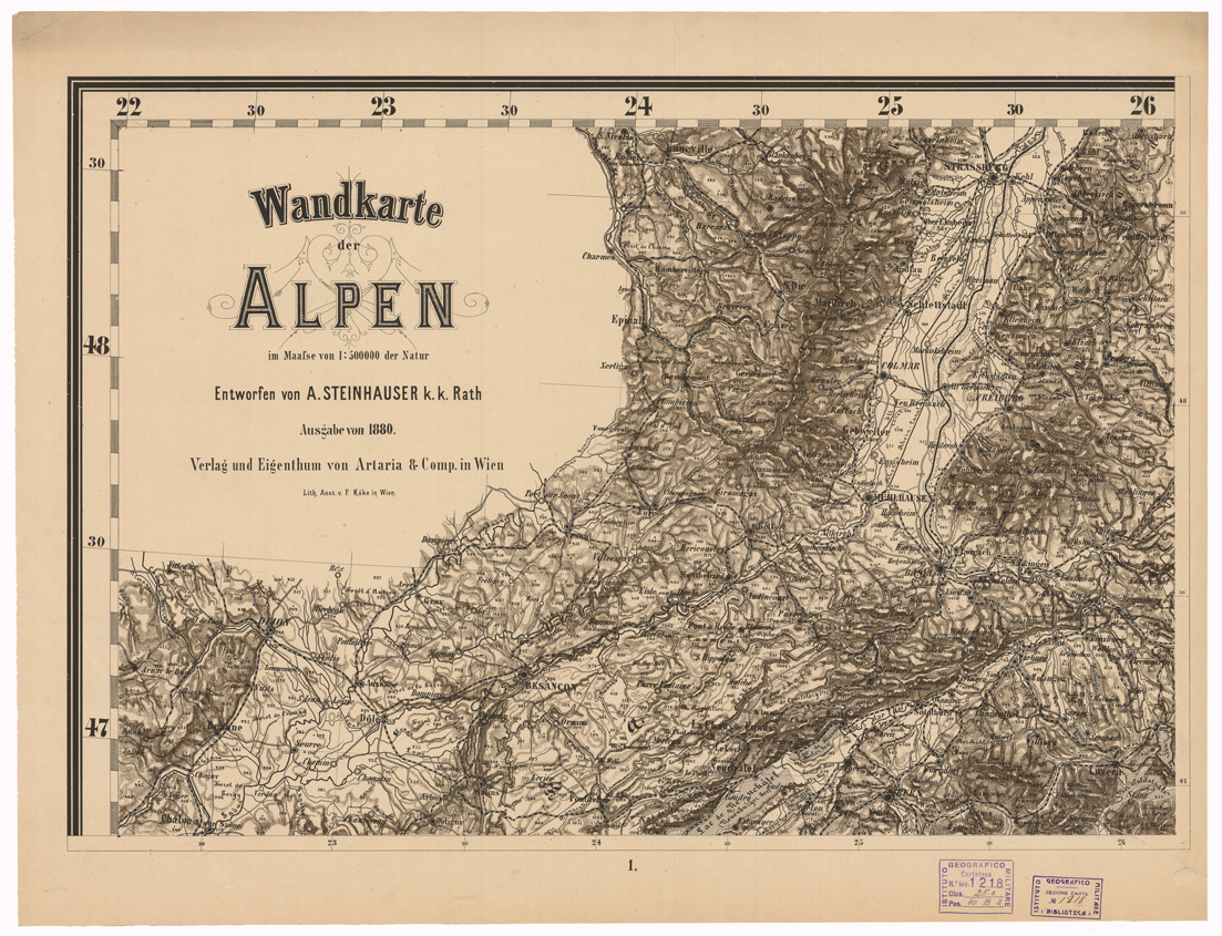 (N:35583) WANDKARTE DER ALPEN ENTWORFEN VON A. STEINHAUSER K.K. RATH - FOGLIO 1 TITOLO (B0020968) Carte e stampe antiche: riproduzione a colori su carta (formato A1)