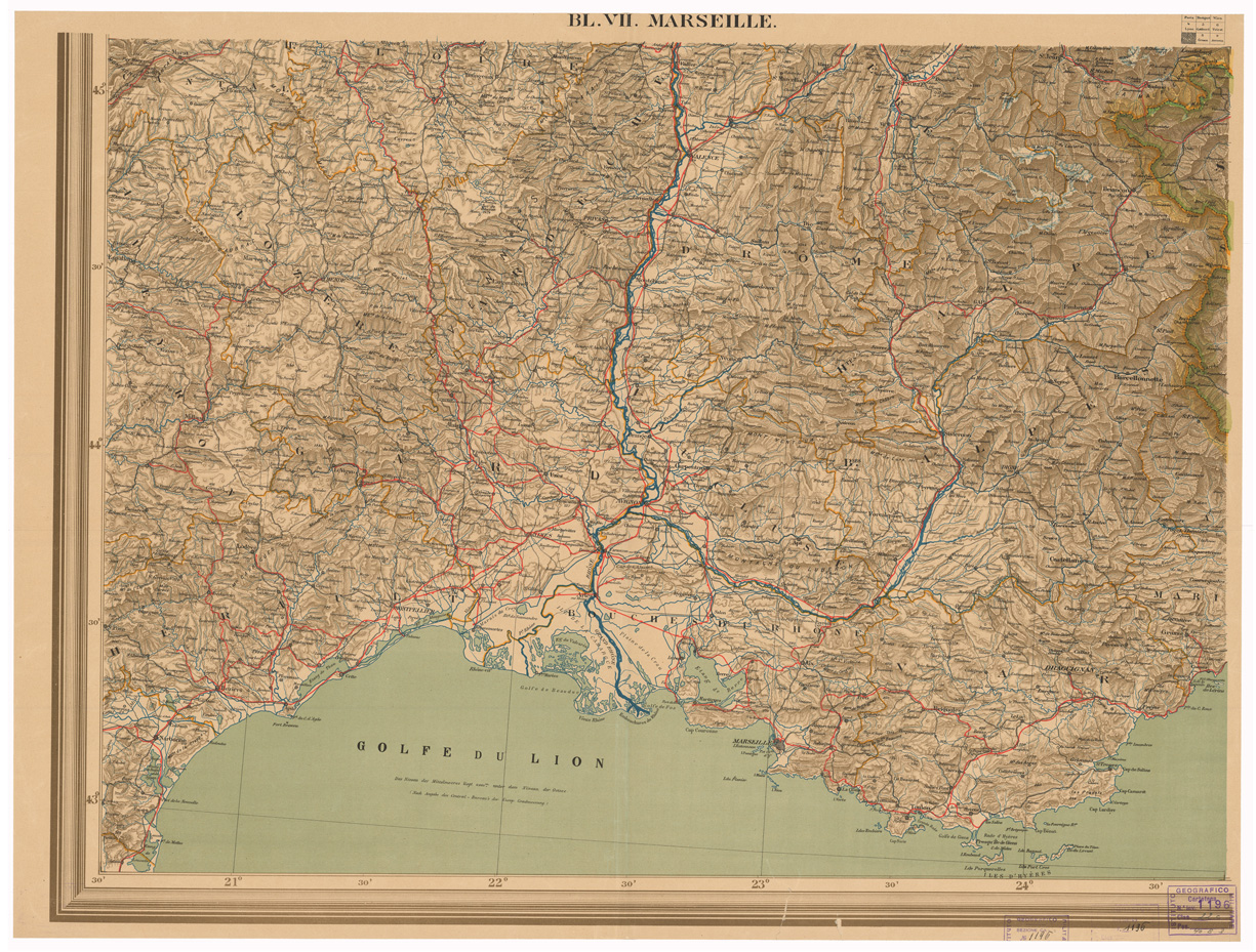 (N:35598) ALPENLAND MIT DEN ANGRENZENDEN GEBIETEN VON CENTRAL EUROPA - FOGLIO BL VII MARSEILLE (B0020983) Carte e stampe antiche: riproduzione a colori su carta (formato A1)